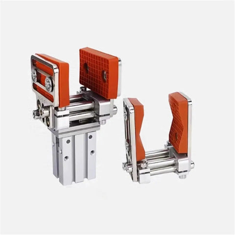 Mechanical Arm Fixture With Widened Chuck Parallel Gripper 16D 20D Pneumatic Finger Cylinder For Automation And Robotics Equipment Easy Install Heavy Duty Build Precise Gripping For Manufacturing, showing orange and silver gripping ends.