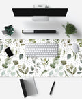Top view of green speckled boho mouse pad desk mat with non slip rubber base, stitched edges, large 31.5x11.8 inches