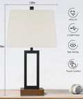 Set Of 2 Modern Bedside Lamps With USB Ports And AC Outlet 23.5 Inch Tall, with linen shade and wood base, showing measurements.