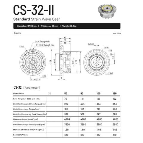Technical specifications and diagrams of the CSF-32-II Strain Wave Gear Reducer with Harmonic Drive for automation robots.