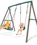 7.5 Ft Tall Backyard Swing Set With Spider Swing And Belt Swing, Heavy Duty Metal Frame, A Frame Outdoor Swingset, Green And Brown
