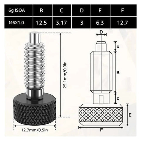 Diagram and dimensions of Spring Plunger Handle Quick Release Pins Kit With Knurled Stainless Steel Lock M6 Quick Release Pins