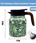 One-Handed Vintage Floral Teapot With Built-In Infuser And Insulated Carafe, brown wooden handle, 316 stainless steel, 1000ml