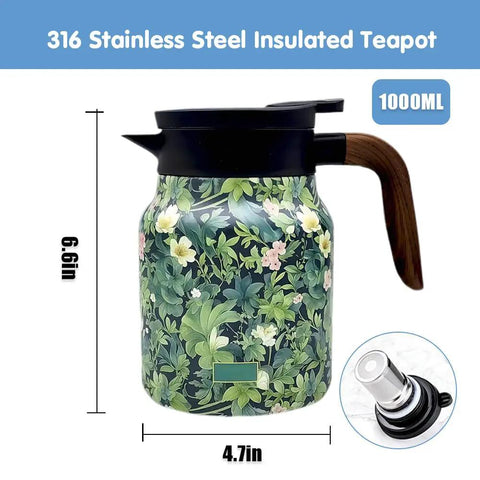 One-Handed Vintage Floral Teapot With Built-In Infuser And Insulated Carafe, brown wooden handle, 316 stainless steel, 1000ml