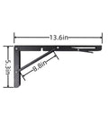 Pro Stainless Steel Folding Shelf Brackets 14 Inch Hella Solid 2 Pack with measurements showing collapsible design and wall mount style.