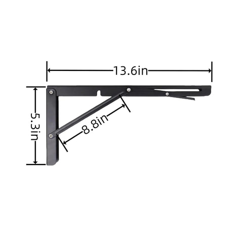 Pro Stainless Steel Folding Shelf Brackets 14 Inch Hella Solid 2 Pack with measurements showing collapsible design and wall mount style.