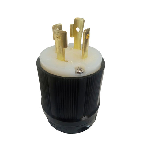 Close-up of L16-30 Grounding Locking Plug 30A 480V AC 3 Pole 4 Wire Industrial Power Connector with brass prongs and black casing