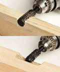 Close-up of Five Piece One Quarter Inch Rotary Rasp Drill Bit Set with 6mm shanks used for engraving wood in electric drill.