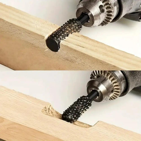 Close-up of Five Piece One Quarter Inch Rotary Rasp Drill Bit Set with 6mm shanks used for engraving wood in electric drill.