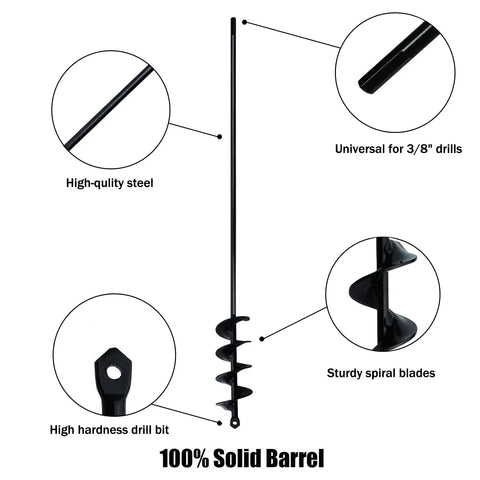 Diagram of Garden Auger Drill Bit 2 Inch By 30 Inch Upgraded Spiral Hole Digger with 3/8 inch drive features.
