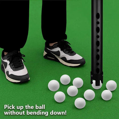 Aluminum Golf Ball Retriever With Extendable Tube for effortless ball pickup, shown picking up balls with easy one-hand use on green surface.