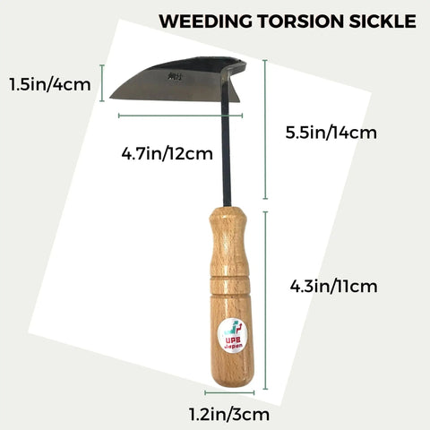 Nejiri Gama Hand Hoe Weeding Sickle with size dimensions, 9.8 inch stainless steel blade, ergonomic wooden handle, rust resistant.