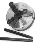 Top Shelf Three Inch Three Jaw Self Centering Wood Lathe Chuck Featuring Reversible Stepped Jaws and two adjustment tools.