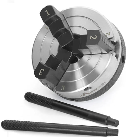 Top Shelf Three Inch Three Jaw Self Centering Wood Lathe Chuck Featuring Reversible Stepped Jaws and two adjustment tools.