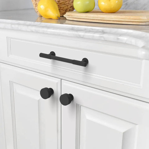 10 Pack Matte Black Kitchen Cabinet Knobs For Cabinets And Drawers, Dope Modern Hardware Upgrade, Easy Install, Durable Pull Handles For Kitchen And Bathroom Renovations on white cabinet