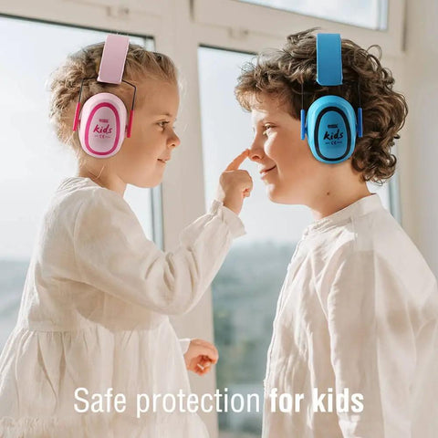 Two children wearing Kid Friendly Ear Protection Earmuffs For Toddlers And Children, Adjustable Comfort Fit, Noise Cancelling Headphones.
