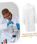 Lab technician wearing white cotton lab coat with long sleeves; side view of coat for doctors, medical pros, and students.