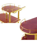 Top Tier Three Tier Kitchen Storage Trolley Cart Built Tough With Durable Wood Panels And Smooth Gliding Casters Bring No Sweat Reloading Ease Perfect For Home Bars Or Weekend Hangouts close-up view of wood shelves and gold framing details.