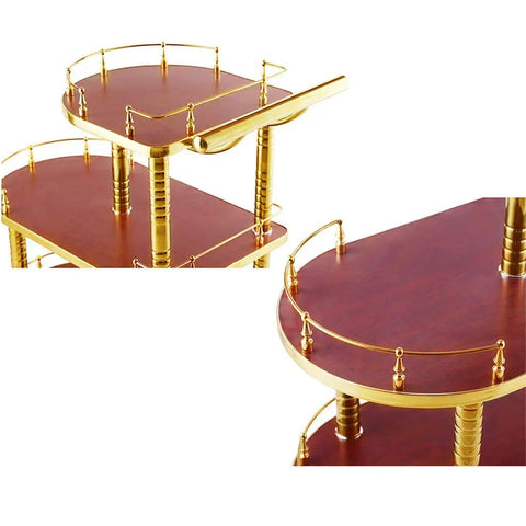 Top Tier Three Tier Kitchen Storage Trolley Cart Built Tough With Durable Wood Panels And Smooth Gliding Casters Bring No Sweat Reloading Ease Perfect For Home Bars Or Weekend Hangouts close-up view of wood shelves and gold framing details.