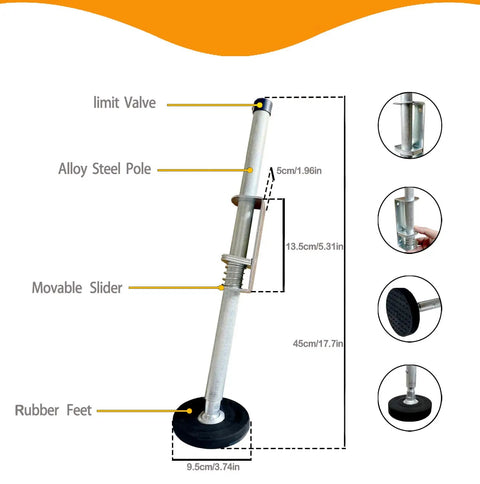 Diagram of Beefed Up Ladder Leveler Pair With Engraved Non Slip Pattern featuring steel pole, rubber feet, and adjustable slider.