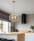 Modern Chandelier Light Fixture With Wood Beaded Boho Pendant 4 Lights Orb Design in kitchen with wood accents and black chairs.