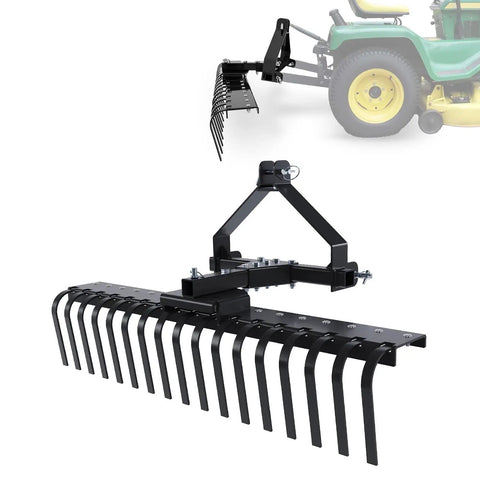 50 Inch Landscape Rake For Category Zero Tractors With Three Point Hitch And Five Position Angle Adjustment, steel powder coated black