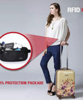 Woman with suitcase showing Hidden Travel Money Belt Wallet With RFID Blocking Slim Passport Holder Fanny Pack Undercover Belt Bag.