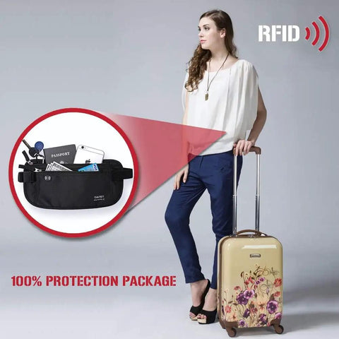 Woman with suitcase showing Hidden Travel Money Belt Wallet With RFID Blocking Slim Passport Holder Fanny Pack Undercover Belt Bag.