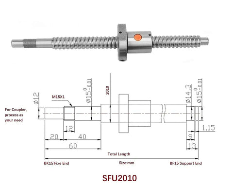 20Mm CNC Ballscrew Kit SFU2010 With Anti-Backlash Feature For Nema 23 Stepper Motor, Includes RM2010 Nut, BK15 Bearing Ends, Flexible Coupler, And Full Motor Bracket Assembly Perfect For High Speed Machining Projects, SFU2010 ballscrew with BK15/BF15 ends