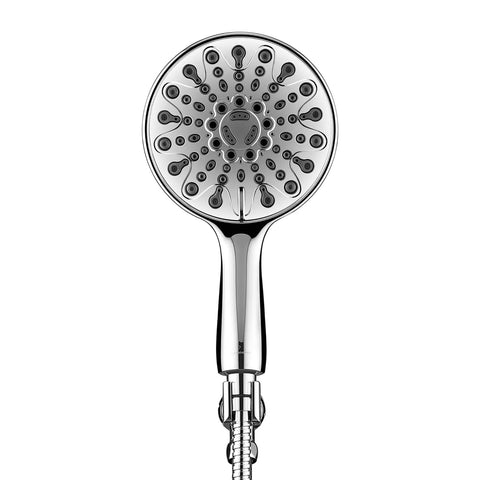 Front view of Handheld Shower Head With High Pressure And 6 Spray Settings, 6 Inch Chrome Face and stainless steel hose.