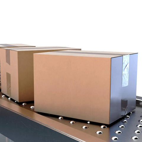 Boxes on conveyor featuring Ball Transfer Bearing Unit 17mm 44 Lbs Capacity Bolt Fixing Type For Transmission Systems Pack Of 4