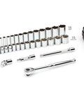 Three Eighths Inch Drive Six Point Socket And Ratchet Set, Thirty Four Piece With Deep And Shallow Sockets From One Quarter To One Inch, Pro Grade Quality For Home Mechanics And DIYers, Built Tough For Everyday Jobs, SKT15101, displayed with carrying case and accessories.