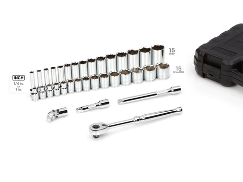 Three Eighths Inch Drive Six Point Socket And Ratchet Set, Thirty Four Piece With Deep And Shallow Sockets From One Quarter To One Inch, Pro Grade Quality For Home Mechanics And DIYers, Built Tough For Everyday Jobs, SKT15101, displayed with carrying case and accessories.