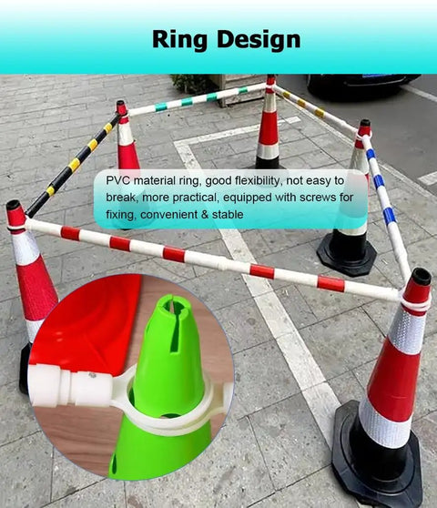10 Pack Retractable Traffic Cone Bar Adjustable Safety Barricade For Road Construction And Crowd Control No Sweat Setup Boss Level showing PVC ring design and cones for stability.