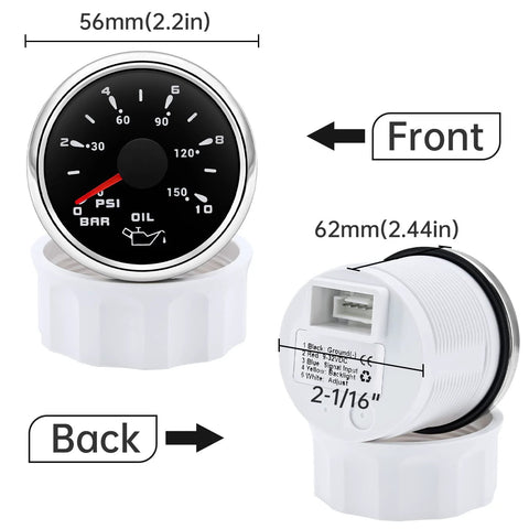 ARTILAURA oil pressure gauge, 2-1/16-inch, black dial, 0-150 PSI, 0-10 bar, electric with rear wiring connector