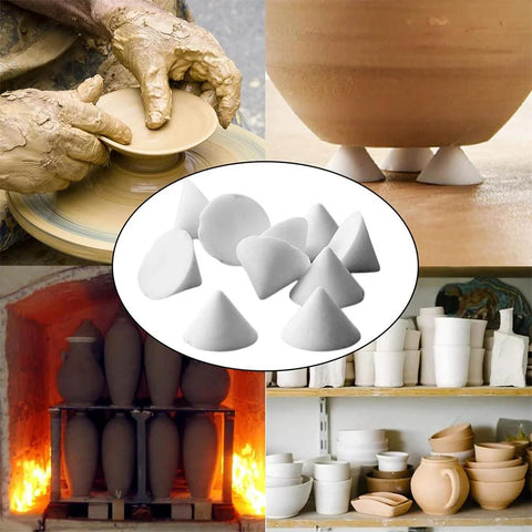 White ceramic kiln nails collage showing 50-piece refractory cone supports for high-temperature firing