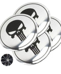 Four Piece Heavy Duty Aluminum Hub Center Cap Decals Featuring Dope Tusked Skull Art For Clean Wheel Cover Stickers That Slap Onto Most Standard Rims Smoothly - Close-up view of decals.