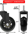 Dimensions of 6 Pack 2.5 Inch Heavy Duty Swivel Caster Wheels For Creepers And Service Carts, shown with measurements and features.