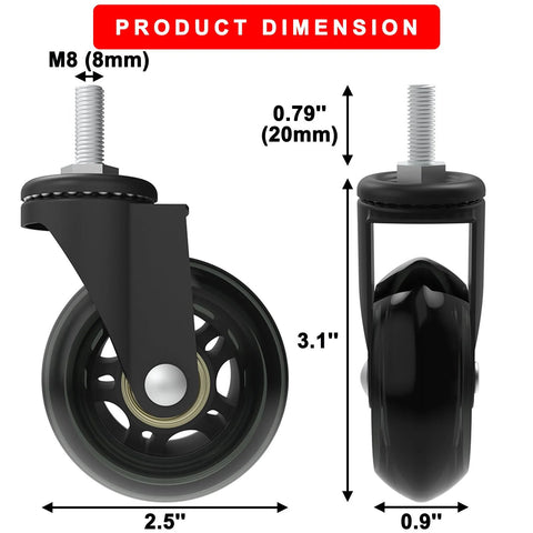 Dimensions of 6 Pack 2.5 Inch Heavy Duty Swivel Caster Wheels For Creepers And Service Carts, shown with measurements and features.