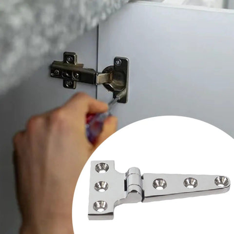 Close-up of Rock Solid T Shaped Door Hinge Tee Hinge being installed on cabinet, showing heavy duty aluminum alloy and rust resistance.