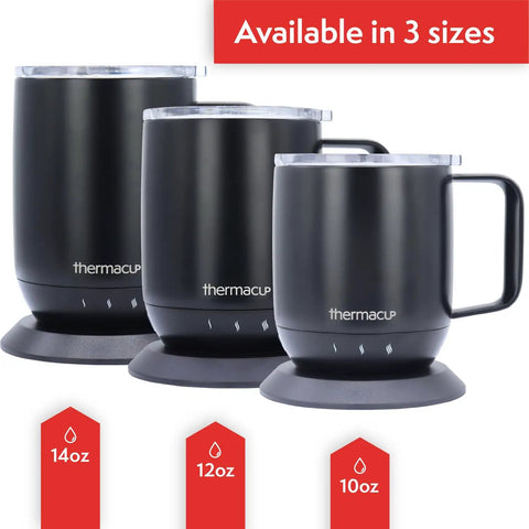 Electric Smart Coffee Mug With Led Display And Precise Temperature Control Keeps Your Daily Grinds Piping Hot Auto Shut Off Feature Three Custom Heat Settings For Flawless Sips Everywhere- three sizes displayed