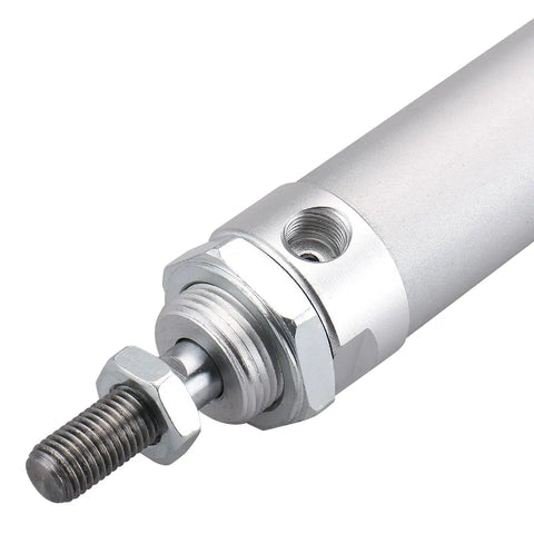 Close-up of Shop Ready Mini Pneumatic Air Cylinder With One Inch Bore And Five Inch Stroke, featuring rod and thread port.