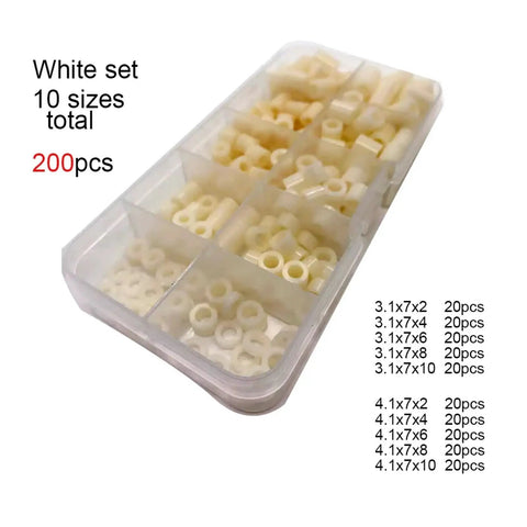 All Purpose Nylon Spacers Kit 600-800 Pcs M3 M4 10 Sizes Non-Threaded Hollow Standoffs No Nonsense Electrical Insulation And Vibration Dampening White ABS Nylon Plastic Assortment Box Set, 200pcs in organizer