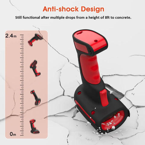 2D Industrial Barcode Scanner With Stand And Wireless Charging Base, Hands Free Operation, USB Compatibility, 433 Wireless Tech Delivers Up To 1968 Feet Open Air Transmission, Red, shown surviving 8ft drop