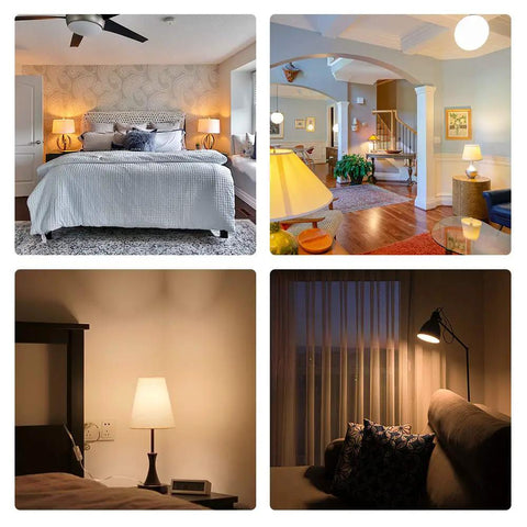 Collage of four interior spaces with various lighting showing the use of soft white LED lights in different room settings.