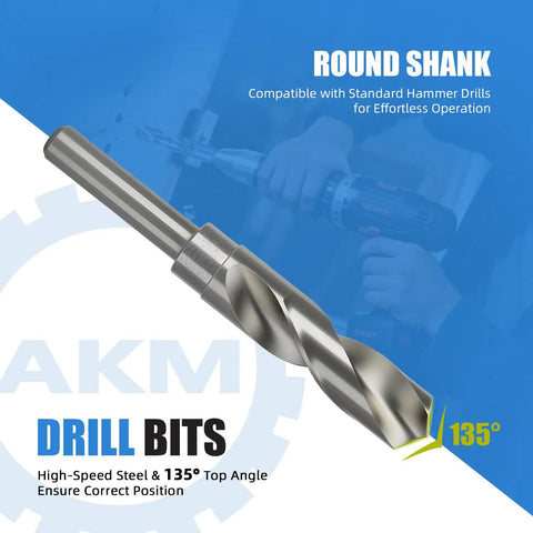 Round shank drill bit with 135-degree angle for standard hammer drills, featuring high-speed steel material for precise drilling.