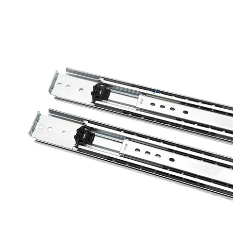 Heavy Duty Full Extension Drawer Slides for cabinets and tool chests, industrial thickened rail system, 12 inch, close-up.