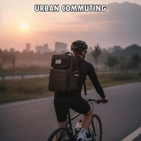 Person cycling with a rugged military tactical backpack for men with MOLLE webbing, water bottle holder, outdoors at sunrise.