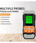 Pro Grade 4 In 1 Wall Scanner Stud Finder With Built In Metal Detector Ac Wire Locator displaying screen for moisture detection.