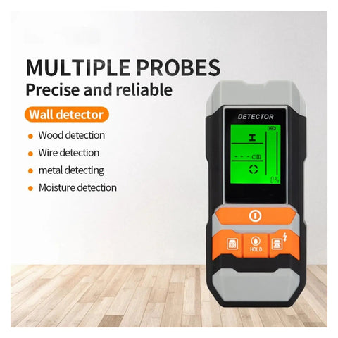 Pro Grade 4 In 1 Wall Scanner Stud Finder With Built In Metal Detector Ac Wire Locator displaying screen for moisture detection.